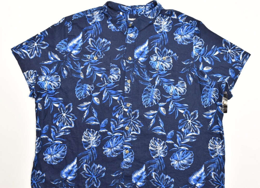 Kingsize Shirt Mens 5XL Big Blue Floral Tropical Linen Blend Short Sleeve Casual